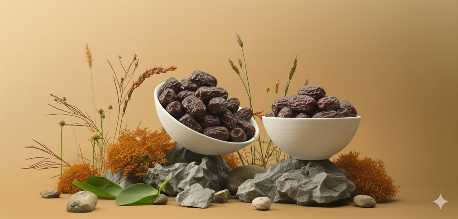 Whole Ajwa dates displaying natural shape and size